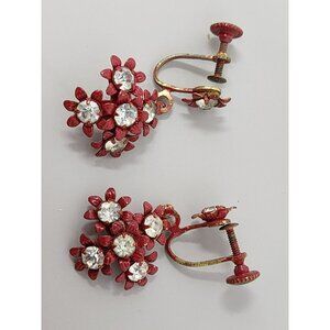 Vintage‎ Costume Screw-On Earrings Red With Rhinestones